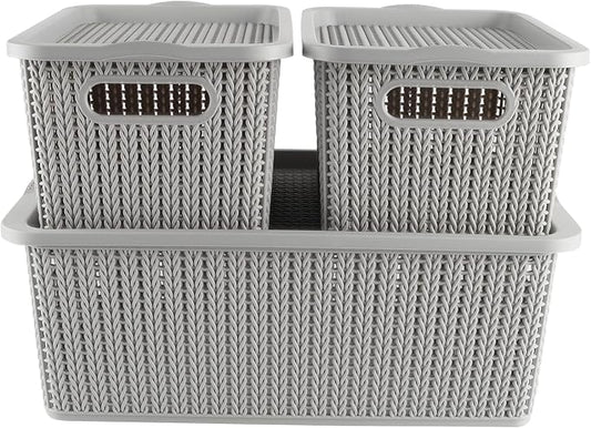 Onion and Potato Storage Bins,Stackable Plastic Pantry Bins with Lids,BPA-Free,Potatos and Onions Storage Baskets for Kitchen (Gray-3 Pack)