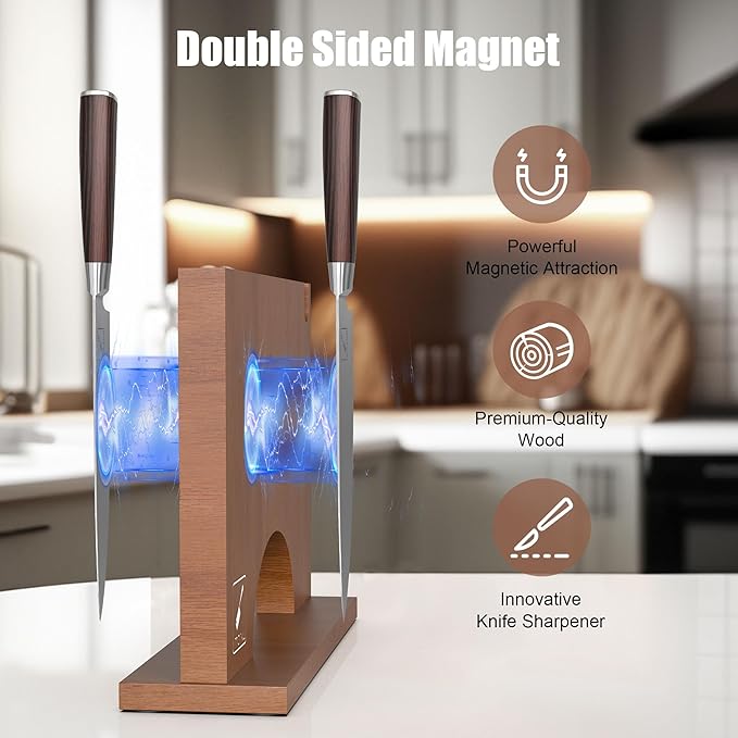 imarku Magnetic Knife Block Holder, Double Sided Kitchen Knife Holder for Counter Top, Universal Knife Block without Knives, Magnetic Knife Holder with Knife Sharpener, Best Gifts