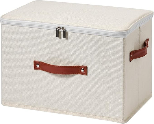 Storage Bin Box with Zippered Lid Cotton Linen Fabric Decorative Basket with PU Leather Handles PP Plastic Board Foldable Lidded Clothing Shelf Closet Organizer Container (Beige, Large)