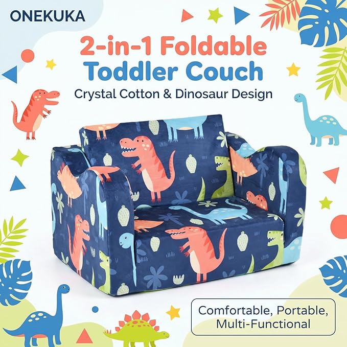 Kids Couch Sofa Toddler Sofa Dinosaur 2-in-1 Foldable Toddler Couch Bed Flip Open Kids Chair for Playroom Bedroom Gift Boys Girls
