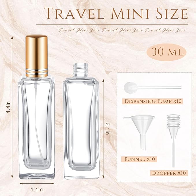 Domensi 30 Pcs 10/20/30 ml Perfume Travel Refillable Bottles Glass Spray Bottle Perfume Atomizer for Cologne Dispenser Leak-proof Fragrance Bottles Atomizer Pump Bottle Kit (Gold)