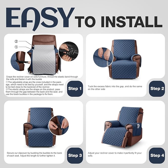 KinCam 100% Waterproof Recliner Chair Cover, Reclining Couch Covers for Pets, Dogs, Recliner Couch Slipcover Furniture Protector with Elastic Straps for Kids(23.6", Blue)