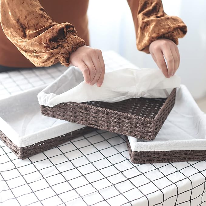 3Pcs Paper Rope Woven Storage Baskets, Delicate Storage Box for Shelves/Bathroom/Kitchen/Living Room/Office Desk/Bedroom. (Brown)