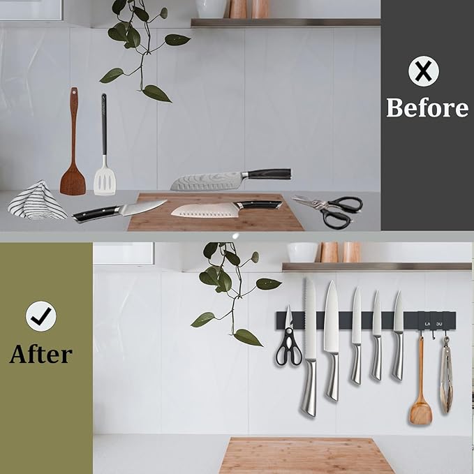 Magnetic Knife Holder for wall, 16 Inch Knife Magnetic Strip with 3 Hooks, black Knife Holder Magnet Rack for Kitchen Organizer, Mount with Adhesive or Screws