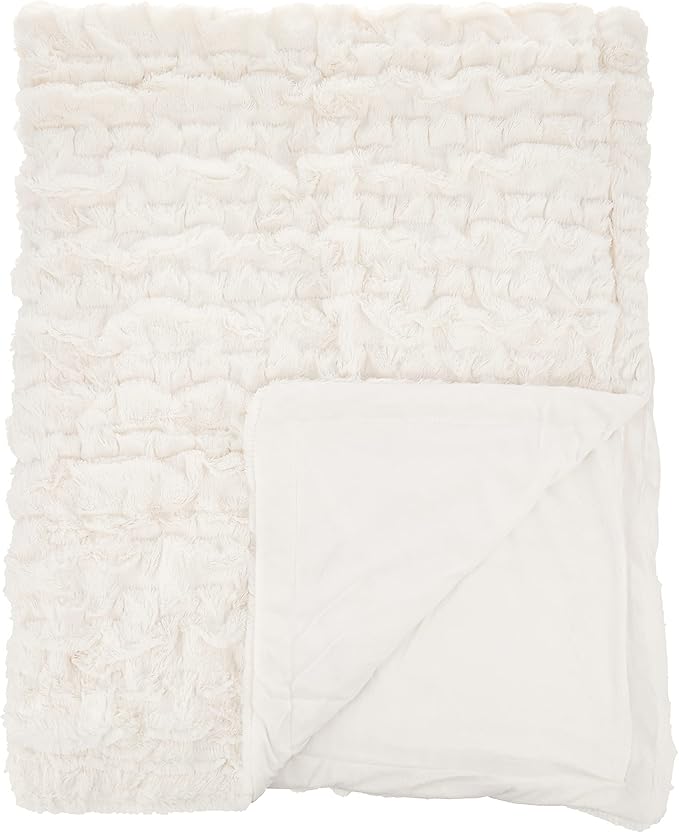 Comfort Spaces Ruched Faux Fur Plush 3 Piece Throw Blanket Set Ultra Soft Fluffy with 2 Square Pillow Covers, 50"x60", Ivory