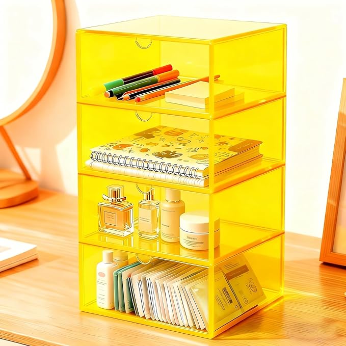 Acrylic Desk Organizer with Drawers Stackable Makeup Organizer for Vanity Office Countertop Cosmetic Display Cases Makeup Storage Box, Neon Yellow