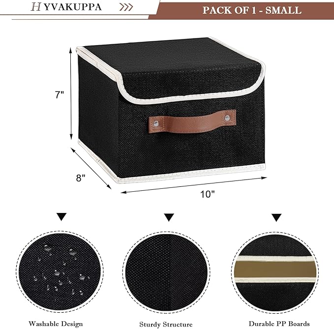 Collapsible Storage Boxes Baskets with Lid Cotton Linen Fabric Storage Bins with Faux Leather Handles Decorative Washable Cube Organizer Container for Home Closet Bedroom (Black, Small Size)