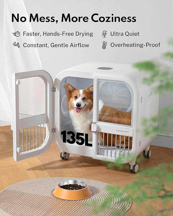 HomeRunPet Drybo Ultra Pet Dryer Box - Ultra Quiet, Smart Temperature Control, 360° Efficient, 4 Locking Swivel Casters for Dogs, Cats and Multi-Pet Families, 135L