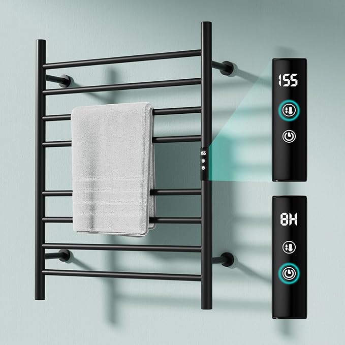 Wall Towel Warmer Rack for Bathroom - 8 bar Heated Towel Rack Timer and LED Indicator for Bathroom, Wall Mounted Electric Towel Rack, Aluminum Alloy Matte Black, Plug-in