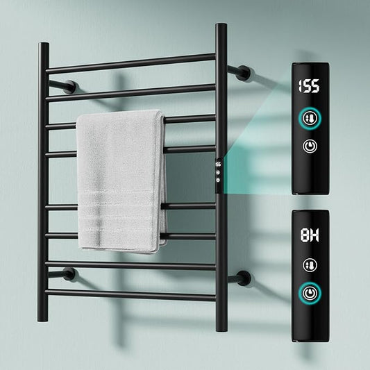 Wall Towel Warmer Rack for Bathroom - 8 bar Heated Towel Rack Timer and LED Indicator for Bathroom, Wall Mounted Electric Towel Rack, Aluminum Alloy Matte Black, Plug-in