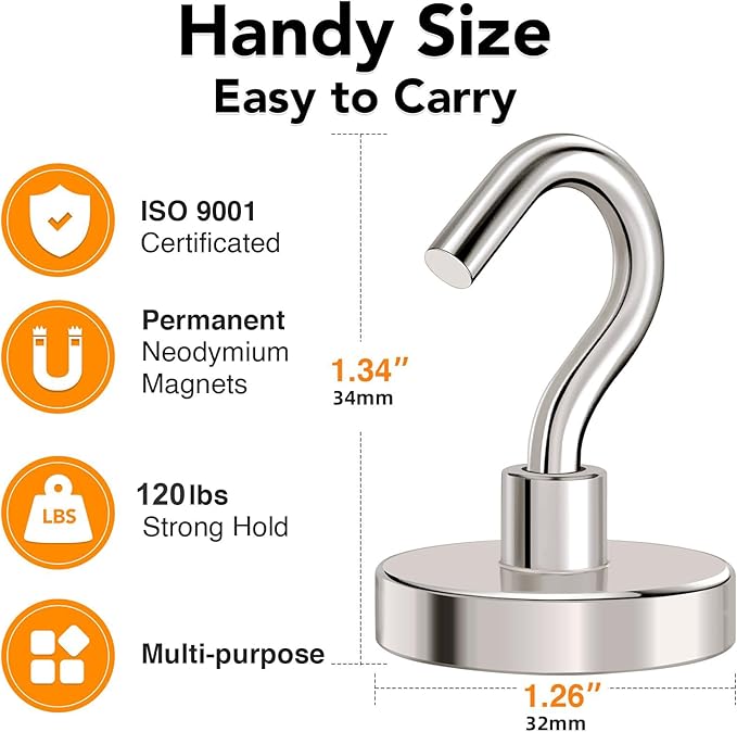 MIKEDE Magnetic Hooks Heavy Duty, 120Lbs+ Super Strong Magnet Hooks for Cruise, 4 Pack Neodymium Earth Magnets with Hook for Hanging, Magnetic Metal Hanger for Toolbox, Storage
