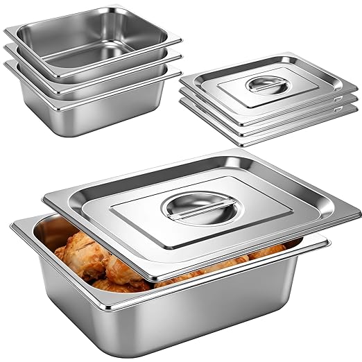 4 Pack Hotel Pan with Lid, Stainless Steel Deep Steam Table Pan, 5.9 L Stackable Food Storage Container for Kitchen, Restaurant, Catering, Buffet Serving
