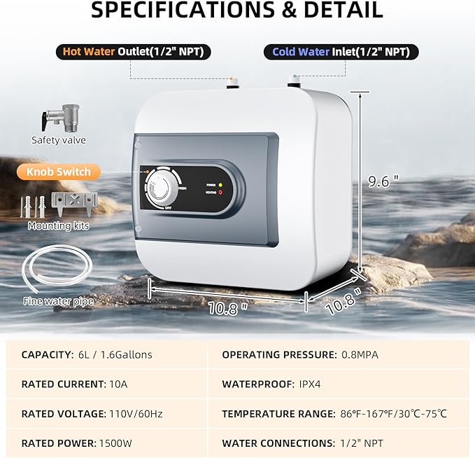 Electric Mini Tank Water Heater, 1.6Gallon Under Sink On Demand Hot Water Heater, Wall or Floor Mounted, 1500W Point of Use Instant Hot Water for RV Kitchen Bathroom Restaurant