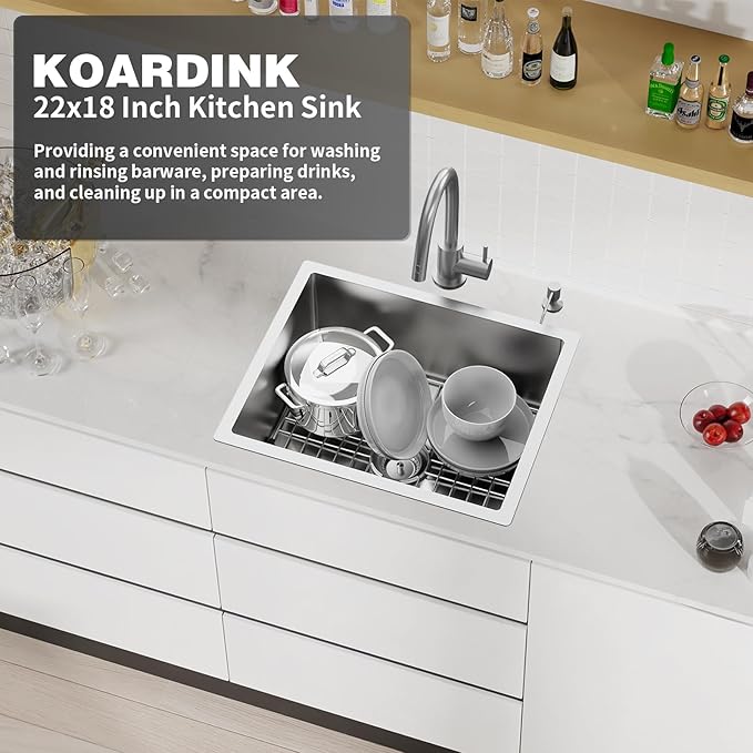 Stainless Steel Undermount Single Bowl Sink - 22x18 Inch Modern Bar & Kitchen Combo - SS Grid, Silicon Mat, Drain Strainer Set