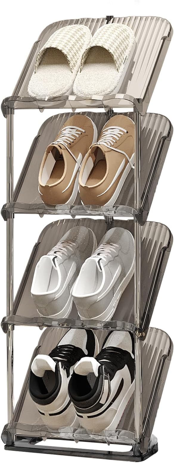 YYW Narrow Shoe Rack Vertical Shoes Rack for Entryway Corner Shoe Storage Organizer for Small Spaces Transparently Tall Slim Shoe Shelf for Front Door Entrance Living Room Grey 4 Layers