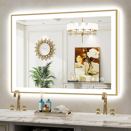 44x32 Inch LED Bathroom Mirror with Lights (Front Lit and Backlit) Gold Framed Lighted Vanity Mirror for Bathroom Wall Dimmable Anti-Fog Memory Tempered Glass Horizontal/Vertical