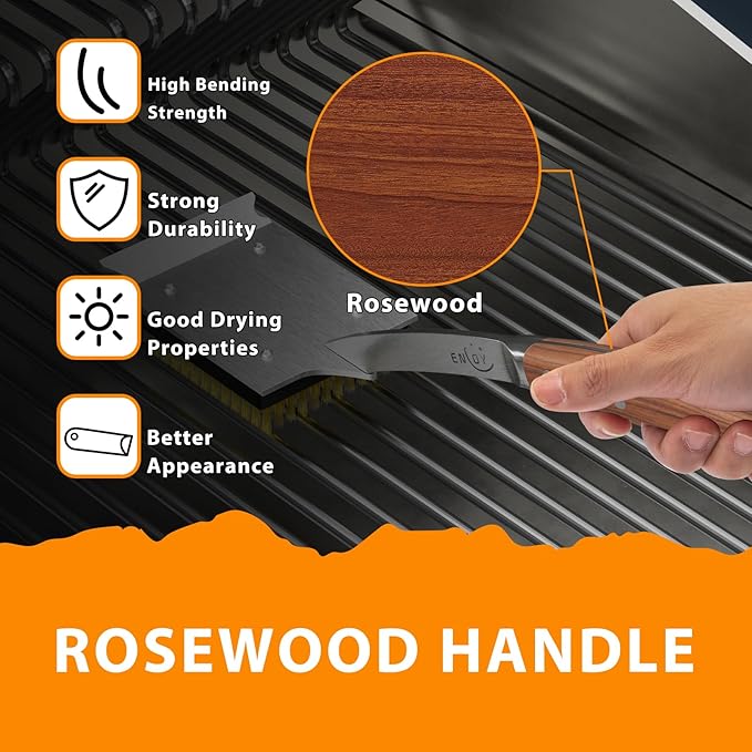 Grill Brush and Scraper for Barbecue, 17" Grill Brush for Outdoor Grill, Extended Rosewood Handle and 2 Replaceable Copper Wire Brush Heads, Grill Cleaning Brush Grill Accessories for Most Grill