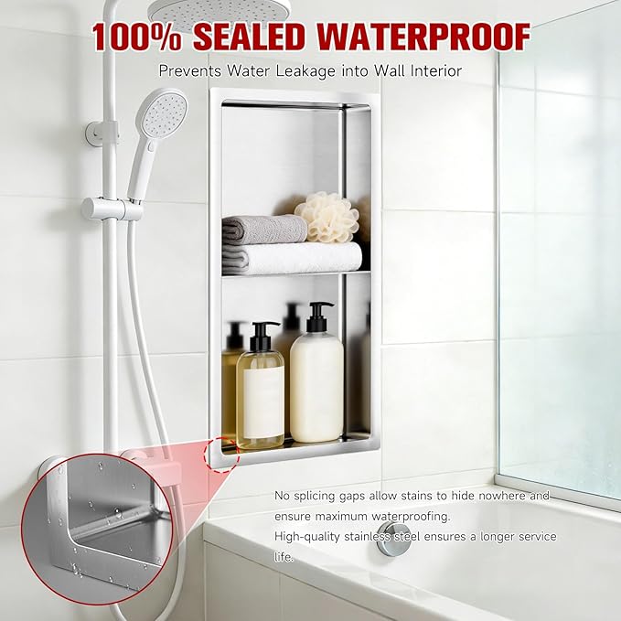 No Tile Needed Shower Niche 13"X 25", Bathroom Wall Niche Double Shelves, Stainless Steel Shower Niche for Bathroom, Kitchens, Balconies