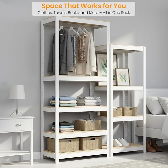 5 Tier Metal Shelves Unit, Adjustable Pantry Organizers and Storage Shelves, Shelving Unit for Closet with Clothes Rod, Storage Rack for Pantry, Laundry, Kitchen - White& Wood Color