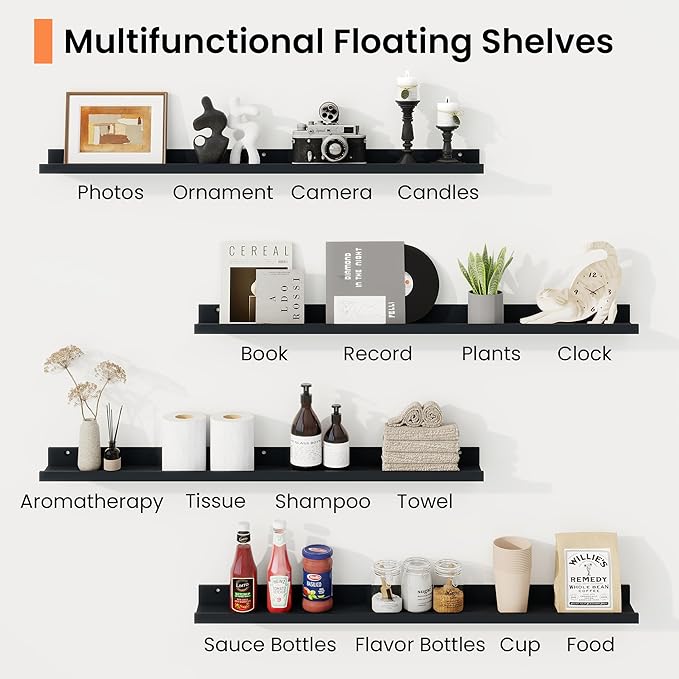 RICHFOCUS Picture Ledge Shelf, 24 inch Floating Shelves Set of 2, Wood Wall Shelves with Lip, Wall Decor Storage for Bedroom Living Room Bathroom Kitchen Nursery Photo Picture, Black
