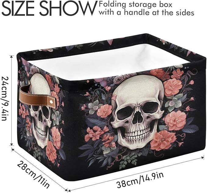 Halloween Basket Black Rose Skull Baskets with Handles Collapsible Organizer Box Shelf Storage Baskets for Holiday Home Decor 2PCS