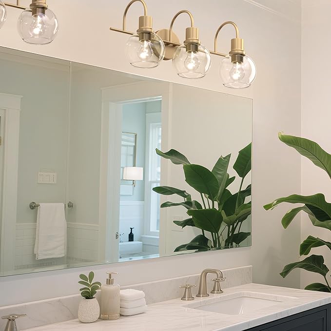 Bathroom Light Fixtures,Gold Vanity Light 3 Light Wall Sconces, Brushed Brass Lighting with Clear Glass Shades, Wall Mounted Mirror Lights for Kitchen, Bedroom, Hallway