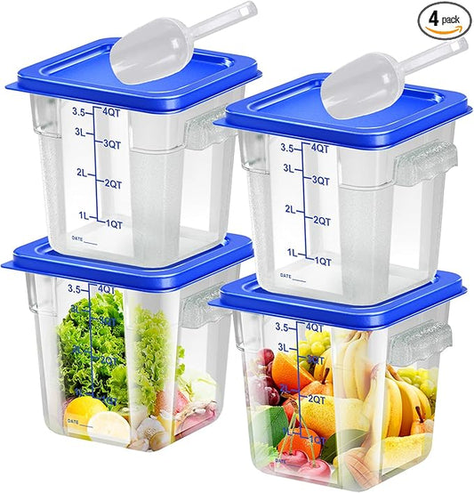 4 pcs 4qt Food Storage Containers with Lid, Square Clear Commercial Food Storage Containers with Handle and Scale for Food Storage in Home Kitchen & Dining (Blue)