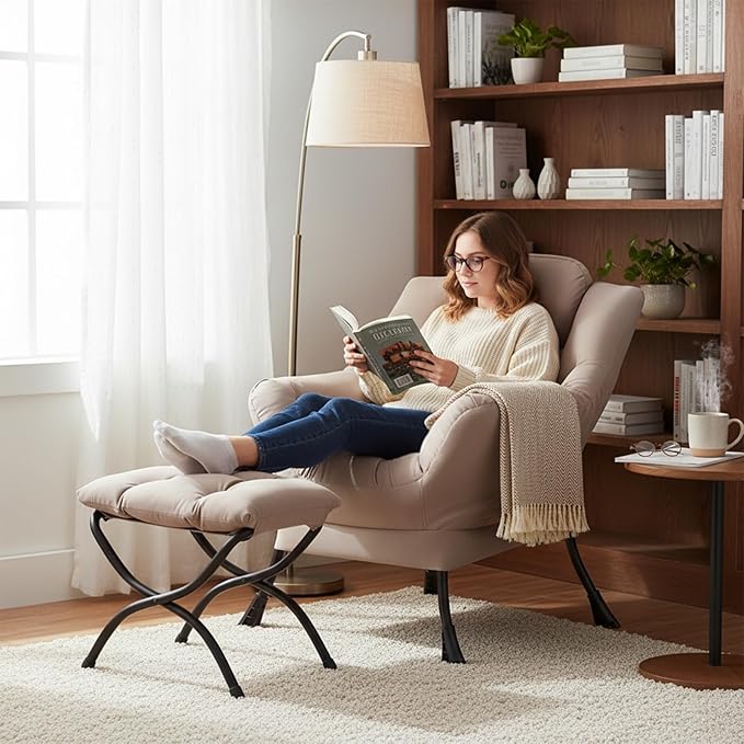 Welnow Lazy Chair with Ottoman, Modern Reading Lounge Accent Chair with Armrests and a Side Pocket, Leisure Upholstered Lazy Sofa Set with Footrest for Small Space, Khaki
