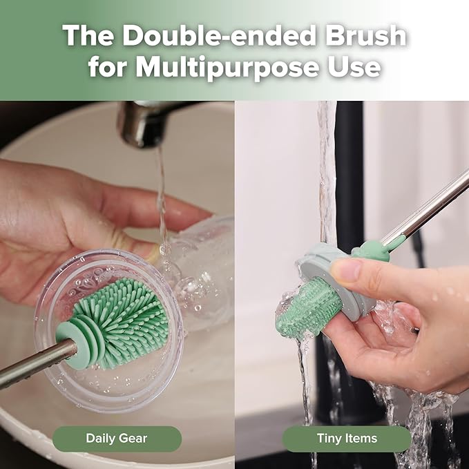 Cleaning Brush Silicone Bottle Brush Double-Ended Soft Silicone Bristles for Breast Pumps, Breast Milk Collectors, Baby Bottles, Teats, Breastmilk Storage Bags, Pea Green-1pk