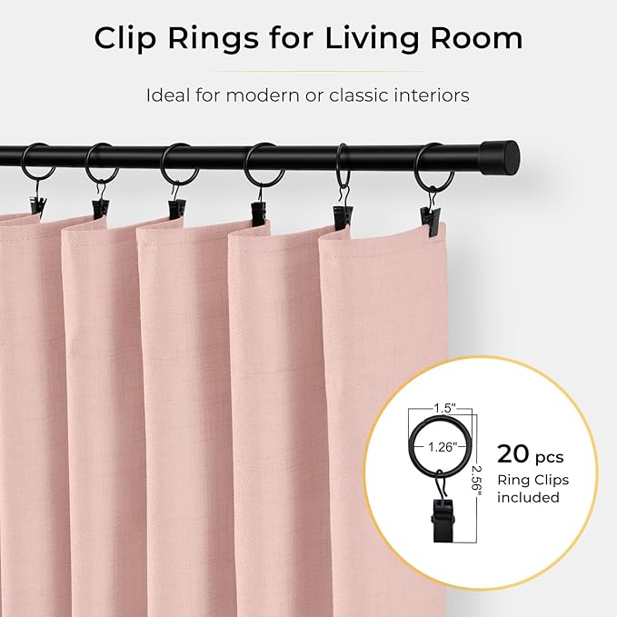 INOVADAY 100% Blackout Curtains for Bedroom, Black Out Curtains 96 Inch Long, Clip Rings Linen Blackout Drapes, Thermal Insulated Room Darkening for Living Room, 2 Panels - Blush Pink,W50xL96