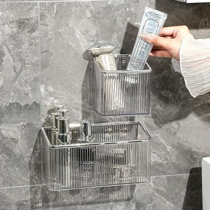 Adhesive Wall Shelves No Drill Hanging Organizer - Plastic Floating Storage Bins for Kitchen,Bathroom,Office - Makeup and Home Goods Mountable Shelf (Grey and Silver)