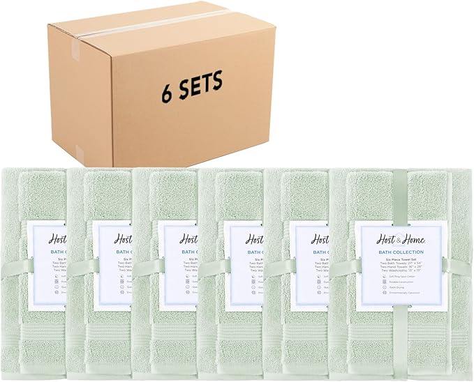 Arkwright Solid 36 Piece Bath Towel Set Bulk, 100% Cotton 600 GSM Soft Absorbent Bathroom Towels for Hotel, Spa or Vacation Rental, Eucalyptus Green (12 Bath Towels, 12 Hand Towels, 12 Washcloths)