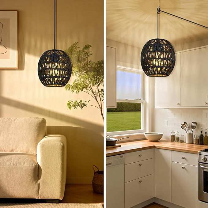 SLYYMY Plug in Pendant Light, 15FT Hemp Rope Cord, Hanging Lamps Rattan Pendant Light, On/Off Switch Hanging Lights for Bedroom Living Kitchen Black