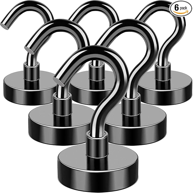 MIKEDE Black Magnetic Hooks Heavy Duty, 30 LBS Strong Magnets with Metal Hooks for Refrigerator, 6 Pack Super Cruise Hooks for Hanging, Magnetic Hanger for Kitchen, Workplace, Storage