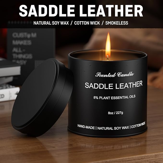 Scented Candles for Men - Saddle Leather Masculine Scented Candle, 8oz Luxury Soy Wax Candles with 8% Essential Oils, Scented Candle in Matte Black Tin, Gift of Men, Dad, Him