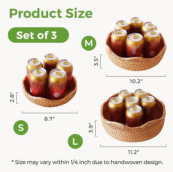 Rattan Bread Baskets Set of 3, Round Woven Serving Basket Bowls, Natural Wicker Storage Basket Key Holders Stackable for Kitchen Counter Organizing, Decorative Baskets for Snack, Fruit, Vegetable