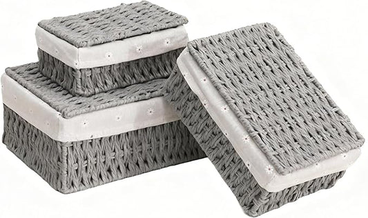 Wicker Shelf Basket with Lid Paper Storage Baskets for Shelves Small Storage Bin with Removable Liner Nesting Decorative Woven Basket for Makeup Closet Organizer (Small, Grey)