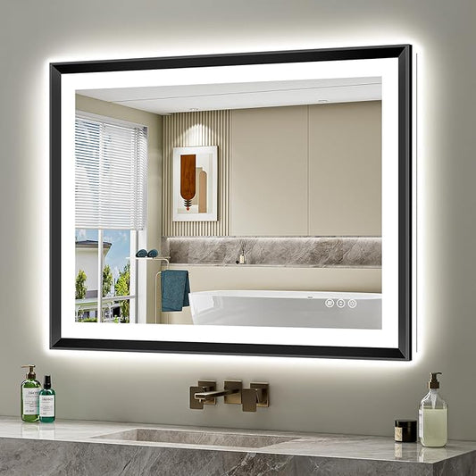 40x30 Black Framed LED Bathroom Mirror with Lights, Backlit and Front Light, Lighted Bathroom Vanity Mirror for Wall Dimmable Anti-Fog Memory Tempered Glass Horizontal/Vertical