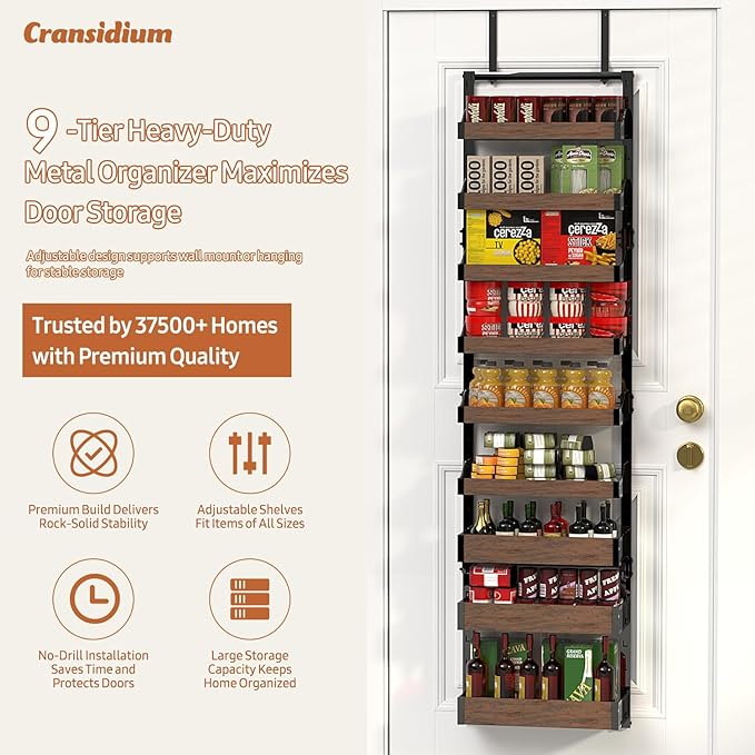 Over the Door Pantry Organizer: Pantry Organization and Storage with Hanging Basket - 9-Tier Metal Spice Rack Adjustable Shelves for Kitchen Bedroom Bathroom & Laundry Room Black