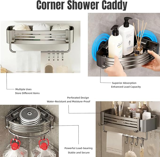 Corner Shower Shelf Caddy Suction Cup, No Drill Hole with Towel Bar and Hook, Gray Bathroom Storage Rack, Zero Drill Square Shelves, Store Toiletries and Bath Towel for Bathroom Kitchen RV