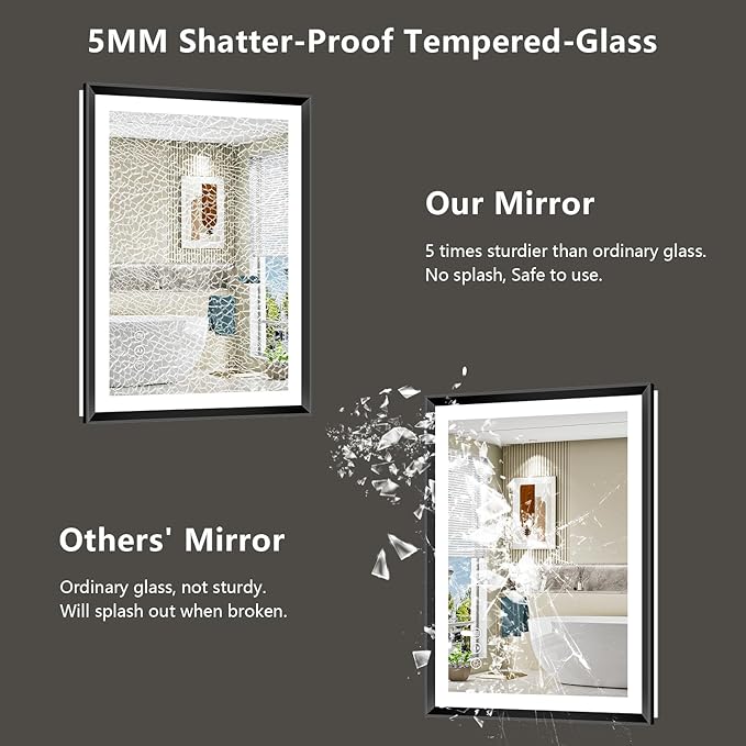 36x30 Black Framed LED Bathroom Mirror with Lights, Backlit and Front Light, Lighted Bathroom Vanity Mirror for Wall Dimmable Anti-Fog Memory Tempered Glass Horizontal/Vertical