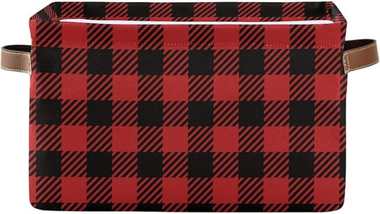 Red and Black Buffalo Plaid Storage Basket Cube Storage Bins Organizer Bag Collapsible Closet Shelf Baskets with handle for Cloth Book 14.2×10.2×8.3 IN