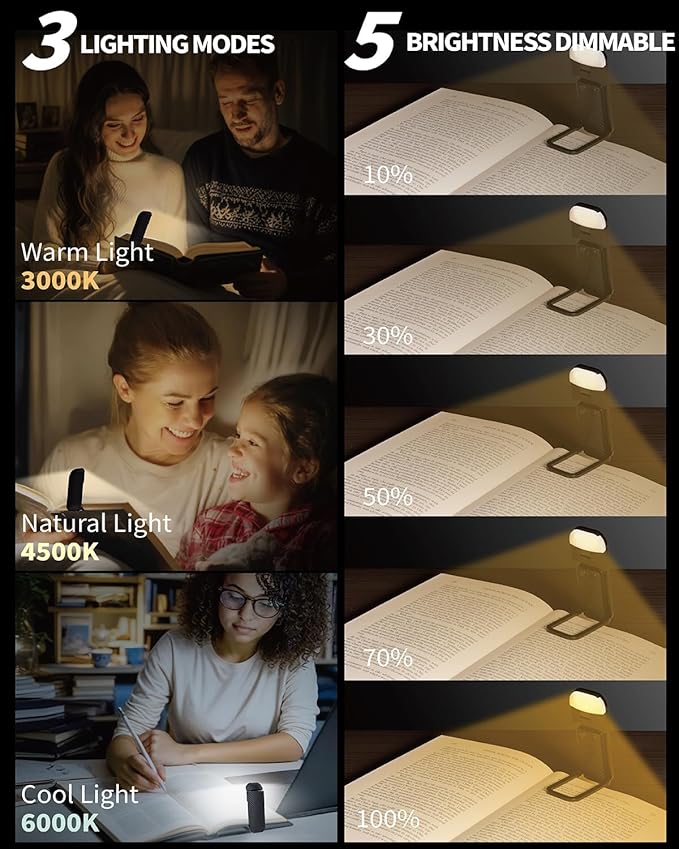Book Reading Light, 2 Pack Rechargeable Clip on Booklight, Eye Caring 3 Color Temperatures & 5 Brightness Levels, Night Use for Bed, Long Lasting, Reading at Night in Bed, Black+Pink