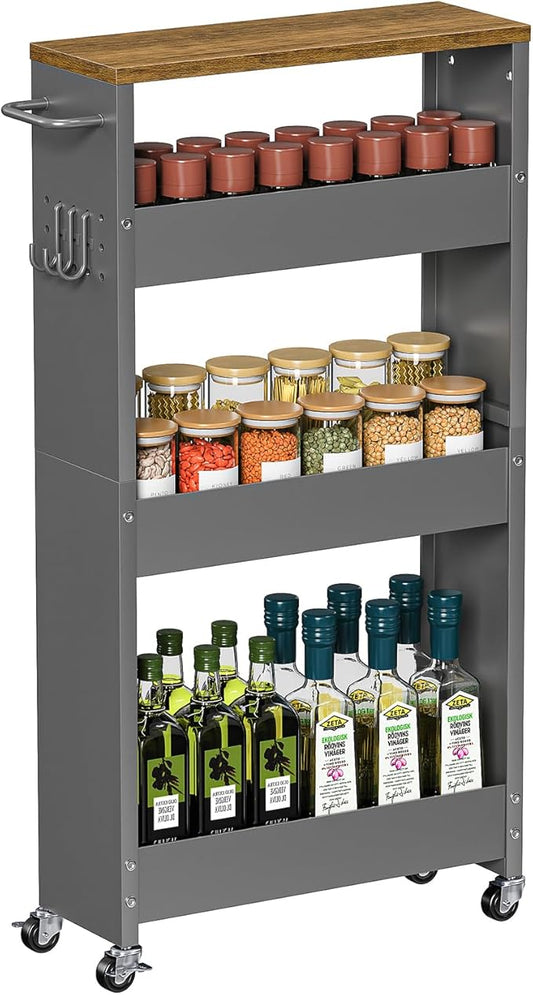 Slim Storage Cart, 4 Tier Rolling Kitchen Cart on Wheels for Small Space, Narrow Laundry Bathroom Organizers Mobile Shelving Unit Metal Utility Cart with Handle, 5.9in Width, Gray