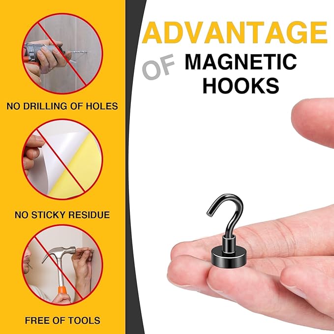 DIYMAG Magnetic Hooks, 30lbs+ Magnet Hook 2025 Cruise Cabin Ship Essentials Heavy Duty Strong Magnets Refrigerator Fridge Hanging for Classroom Beach Vacation Kitchen Grills Home 6 Pack (Black)