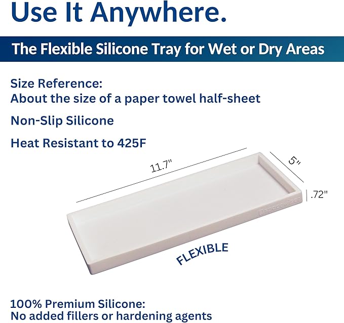 Countertop and Vanity Tray - 11.7" Silicone Bathroom Tray Countertop, Dish Soap Trays for Kitchen Counter, Bathroom Counter Organizer Accessories Caddy, Shower Trays Makeup Mat Oil, White