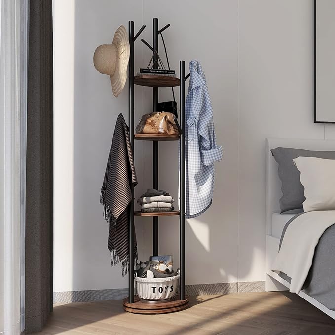 Rotary Coat Rack Freestanding Metal Coat Hall Tree Stand with 4 Tiers Storage Display Shelf and 9 Hooks for Entryway Bedroom Corner Office Garment Clothes Holder (Brown)