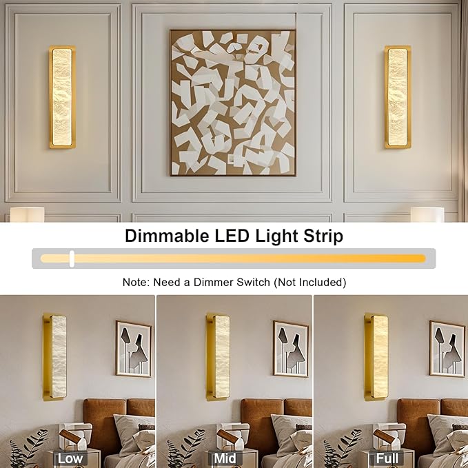 19.7" Brass Wall Sconces, Natural Alabaster Wall Sconce, Gold Marble Sconces Wall Lighting, Large Rectangular Bedside Lamp Perfect for Living Room, Dining Room,Stairs, Hallway, Bedroom