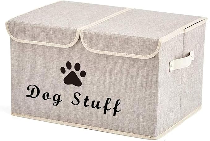 Geyecete Large Storage Boxes - Large Linen Fabric Foldable Storage Cubes Bin Box Containers with Lid and Handles for Dog Apparel & Accessories, Dog Clothing(Beige)