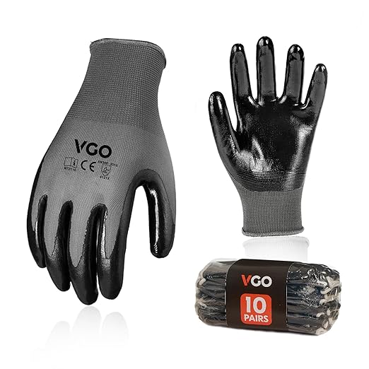 Vgo... 10-Pairs Safety Work Gloves, Gardening Gloves, Non-slip Nitrile coating, Dipping Gloves (Size L, Gray, NT2110)